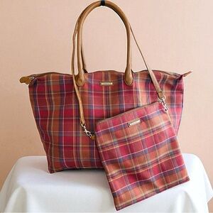 Longaberger 2 Piece Homestead Plaid Multicolor Plaid Duffel Tote & Crossbody Bag